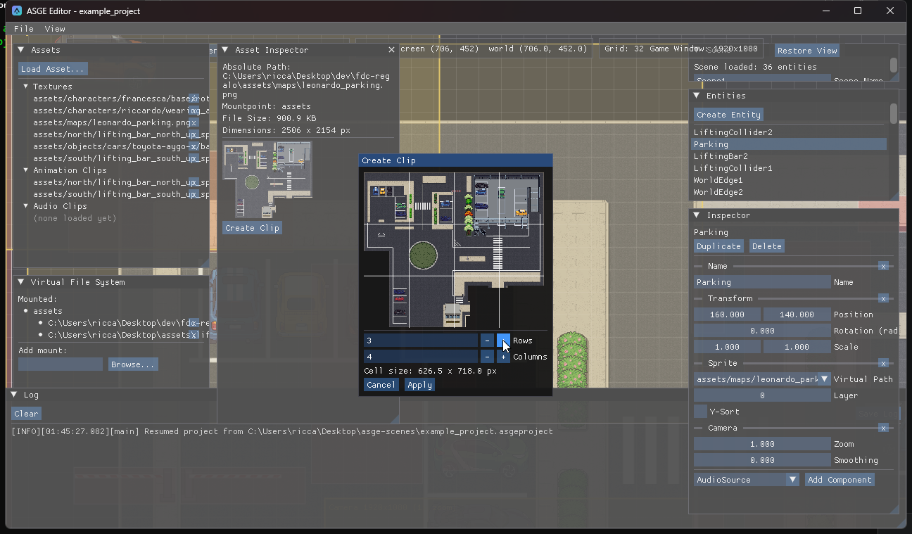 The Create Clip modal with a grid overlay