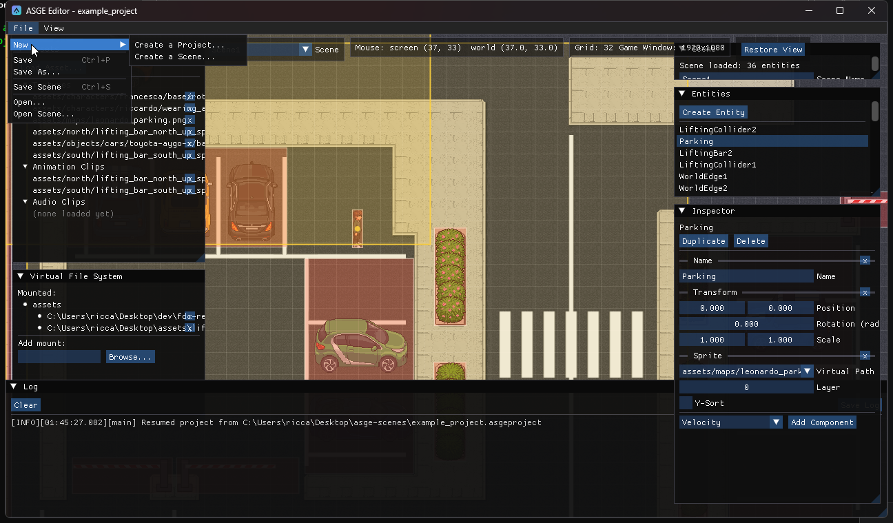 The File menu with Create a Project and Create a Scene expanded